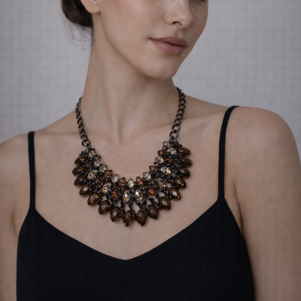 Brown & Smoke Crystal Statement Necklace | Black Chain Bib